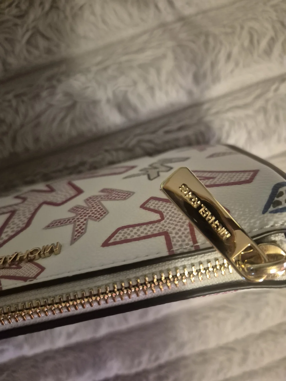 Michael Kors White Multicolor MK Print Shoulder Bag with Brown Strap